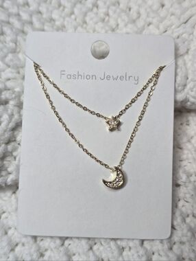Midnight Sparkle Necklace Star & Moon Charm Gold Chain